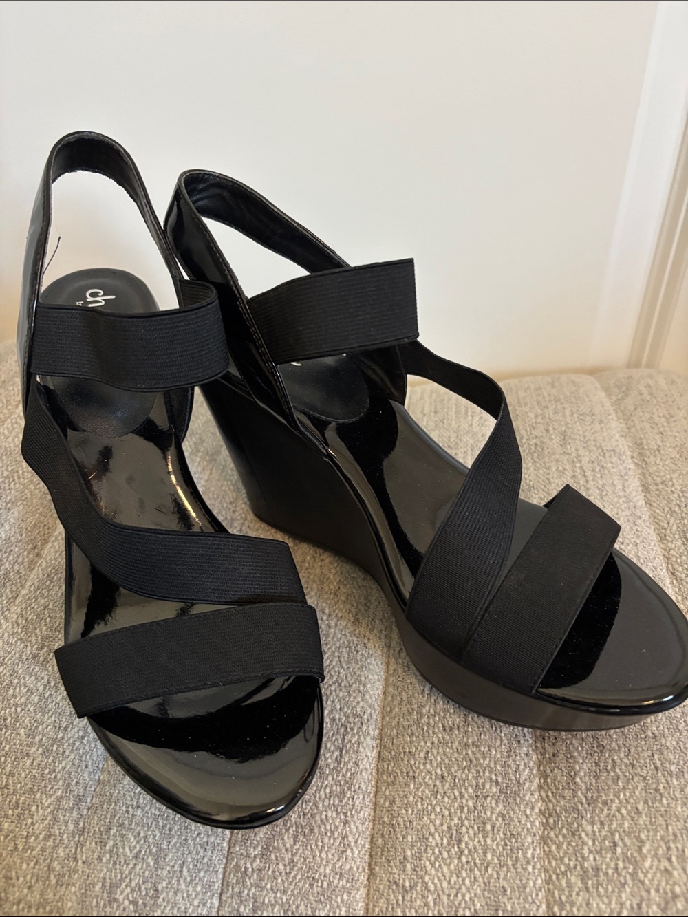 Charles David Black Elastic-Strap Patent Wedge Sandals